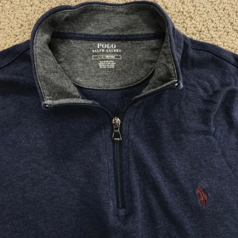 Polo Ralph Lauren Mens Quarter Zip Pullover Navy Blue Heather Red Pony Large